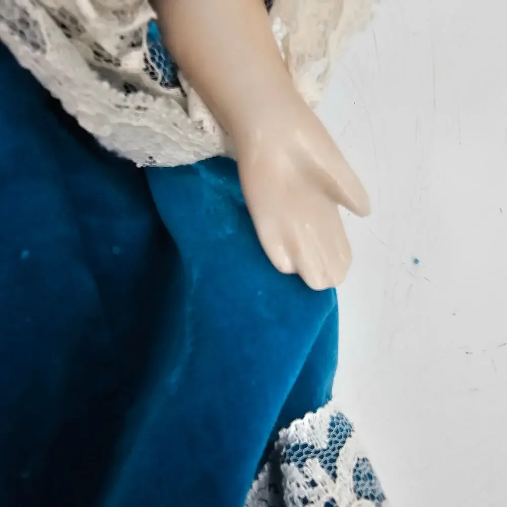 Rare Fine China Head Doll Blue Victorian Velvet & Lace Dress Circa 1980s 17